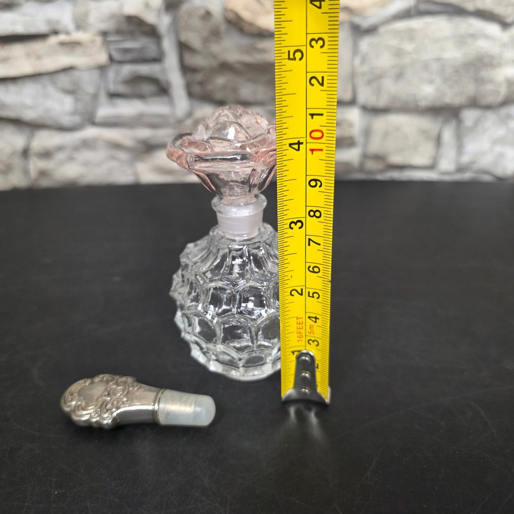 Irice Vintage Glass Perfume Bottle Pink Rose Stopper Extra Silver Dauber Decor - Picture 11 of 12